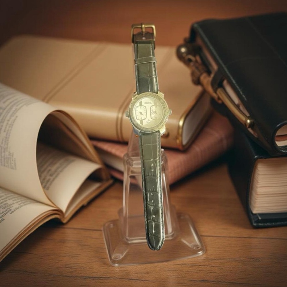 Unique Dual Dial Silver Watch with Black Leather Strap